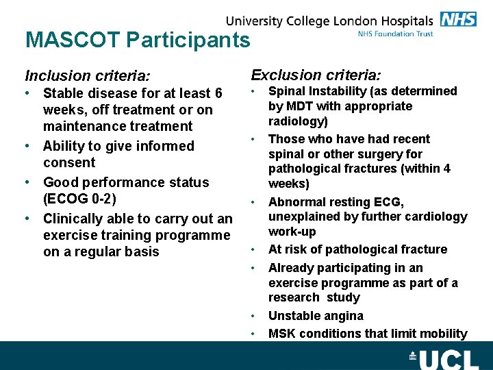 MASCOT Participants Inclusion criteria: • Stable disease for at least 6 weeks, off treatment