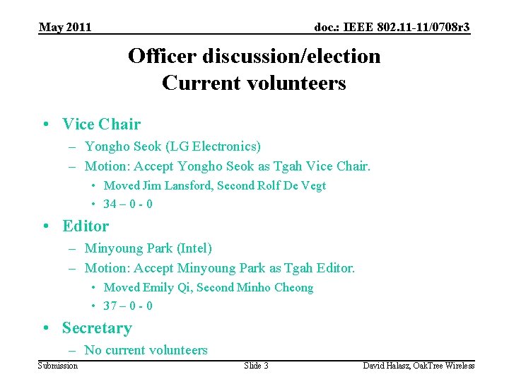 May 2011 doc. : IEEE 802. 11 -11/0708 r 3 Officer discussion/election Current volunteers