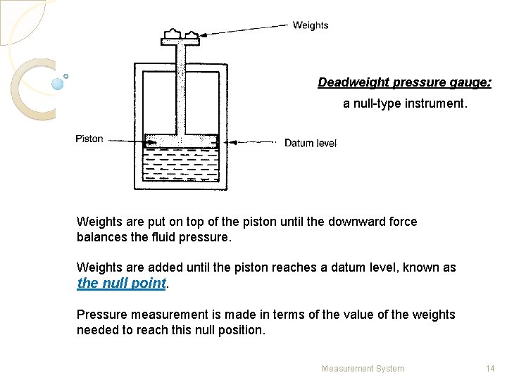 Deadweight pressure gauge: a null-type instrument. Weights are put on top of the piston