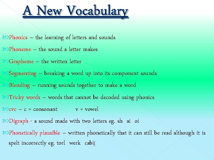 A New Vocabulary Phonics – the learning of letters and sounds Phoneme – the