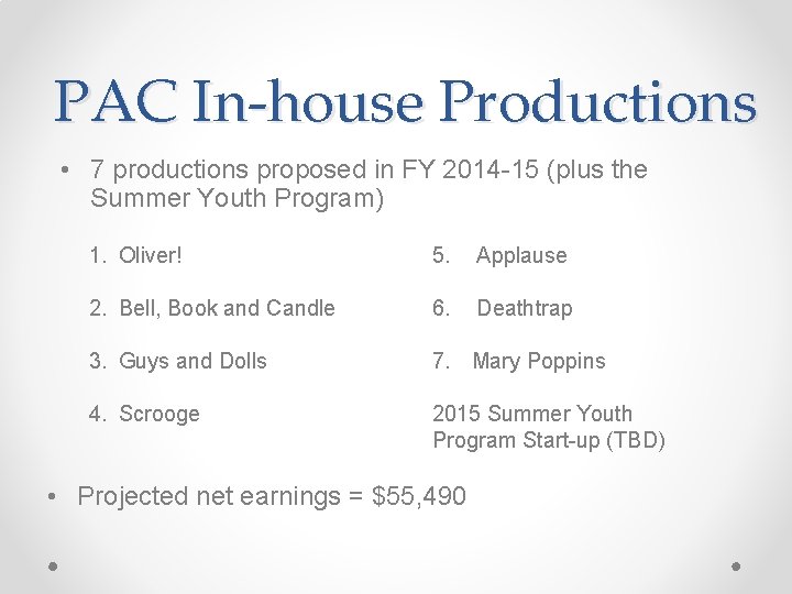 PAC In-house Productions • 7 productions proposed in FY 2014 -15 (plus the Summer