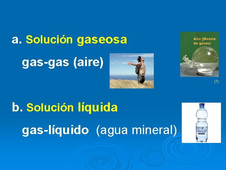 a. Solución gaseosa gas-gas (aire) (7) b. Solución líquida gas-líquido (agua mineral) 