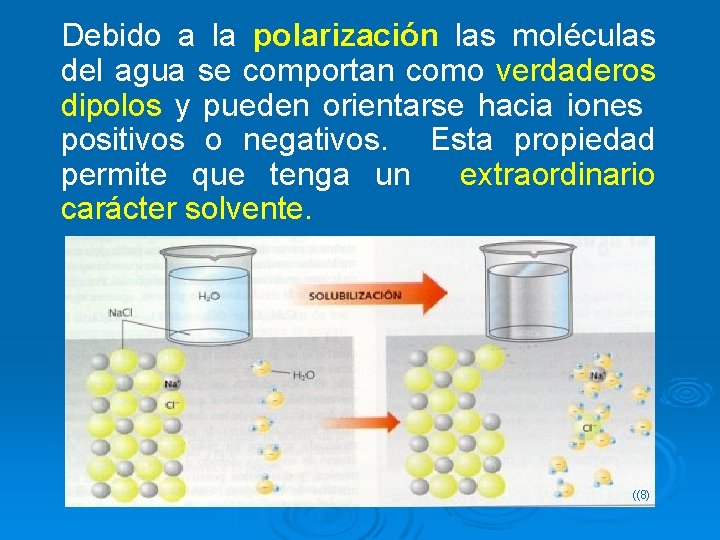Debido a la polarización las moléculas del agua se comportan como verdaderos dipolos y