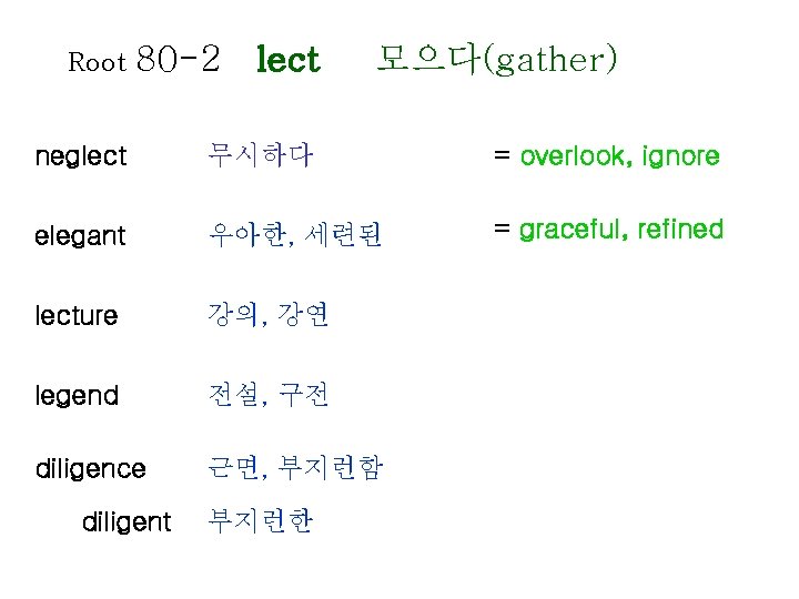 Root 80 -2 lect 모으다(gather) neglect 무시하다 = overlook, ignore elegant 우아한, 세련된 =