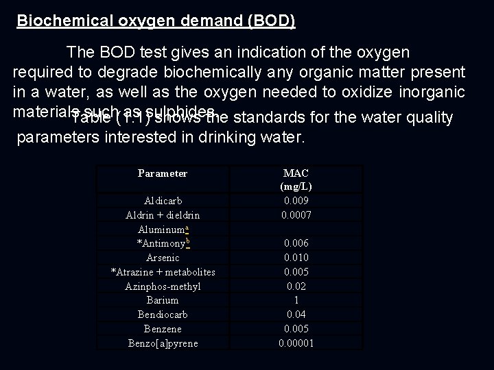 Biochemical oxygen demand (BOD) The BOD test gives an indication of the oxygen required