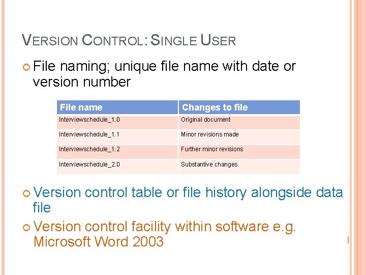 VERSION CONTROL: SINGLE USER File naming; unique file name with date or version number
