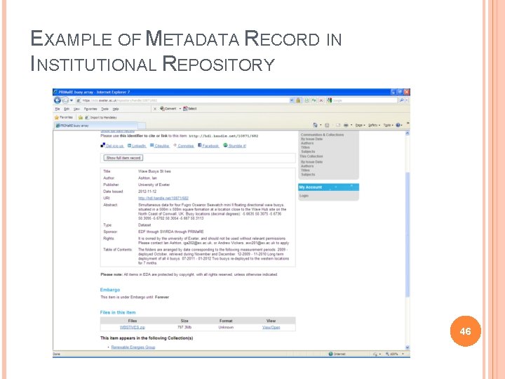 EXAMPLE OF METADATA RECORD IN INSTITUTIONAL REPOSITORY 46 