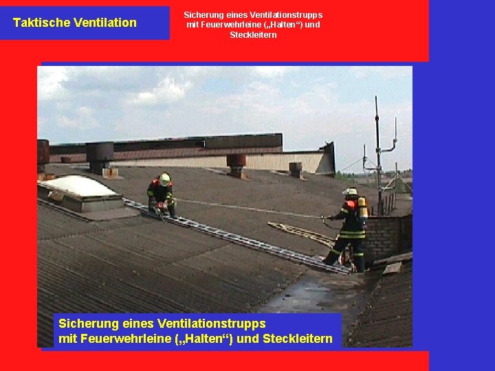 Taktische Ventilation Sicherung eines Ventilationstrupps mit Feuerwehrleine („Halten“) und Steckleitern 