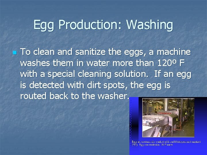 Egg Production: Washing n To clean and sanitize the eggs, a machine washes them