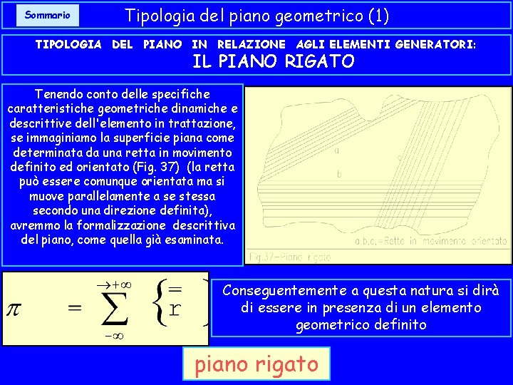 Sommario Tipologia del piano geometrico (1) TIPOLOGIA DEL PIANO IN RELAZIONE AGLI ELEMENTI GENERATORI: