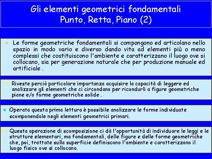 Gli elementi geometrici fondamentali Punto, Retta, Piano (2) l l Le forme geometriche fondamentali