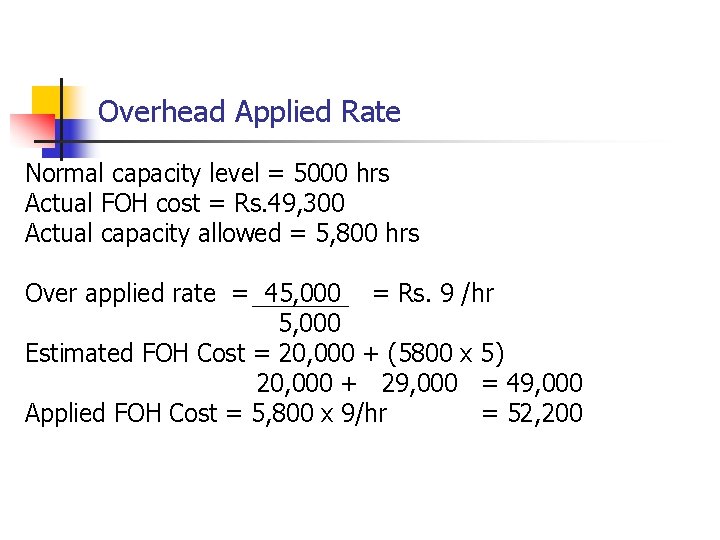 Overhead Applied Rate Normal capacity level = 5000 hrs Actual FOH cost = Rs.