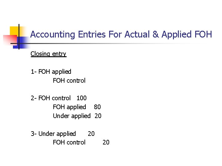 Accounting Entries For Actual & Applied FOH Closing entry 1 - FOH applied FOH