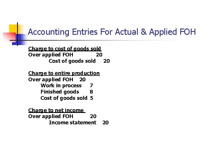 Accounting Entries For Actual & Applied FOH Charge to cost of goods sold Over