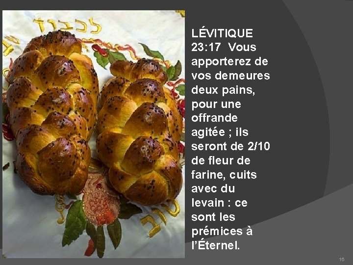 LÉVITIQUE 23: 17 Vous apporterez de vos demeures deux pains, pour une offrande agitée