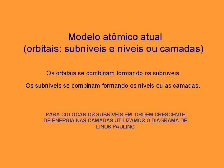 Modelo atômico atual (orbitais: subníveis e níveis ou camadas) Os orbitais se combinam formando