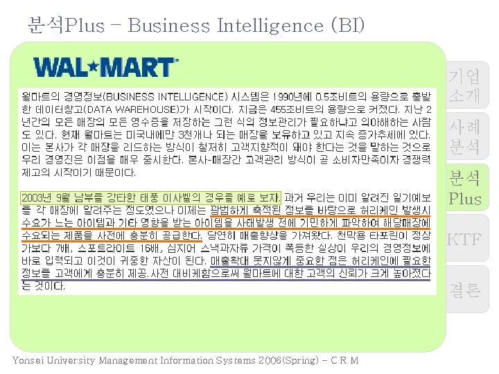 분석Plus – Business Intelligence (BI) 기업 소개 사례 분석 분석 Plus KTF 결론 Yonsei