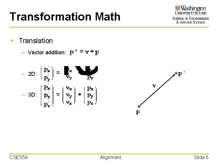 Transformation Math • Translation – Vector addition: – 2 D: – 3 D: CSE