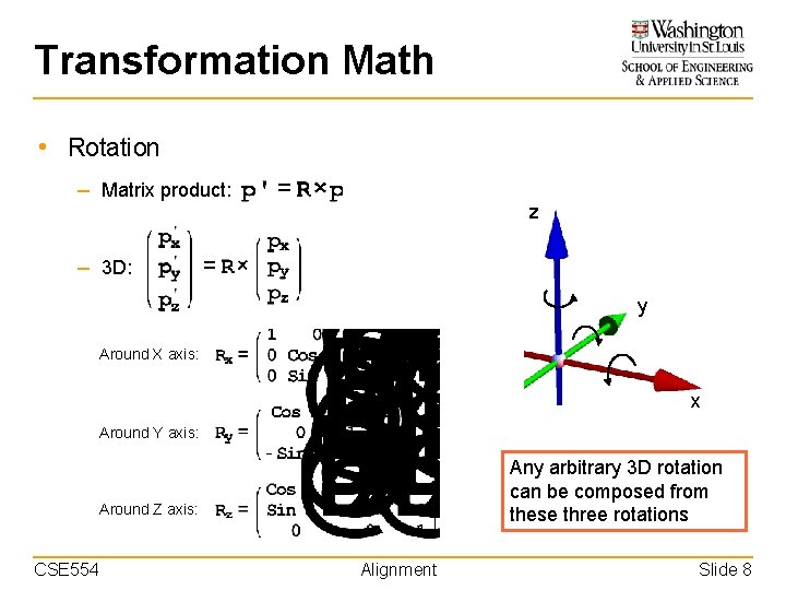 Transformation Math • Rotation – Matrix product: z – 3 D: y Around X