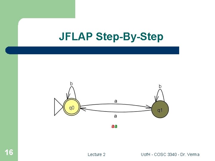 JFLAP Step-By-Step aa 16 Lecture 2 Uof. H - COSC 3340 - Dr. Verma