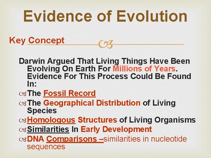 Evidence of Evolution Key Concept Darwin Argued That Living Things Have Been Evolving On