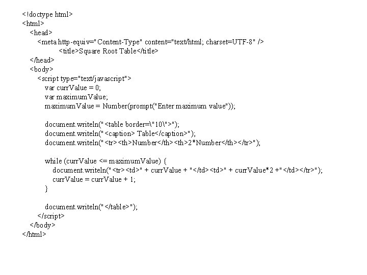 <!doctype html> <head> <meta http-equiv="Content-Type" content="text/html; charset=UTF-8" /> <title>Square Root Table</title> </head> <body> <script