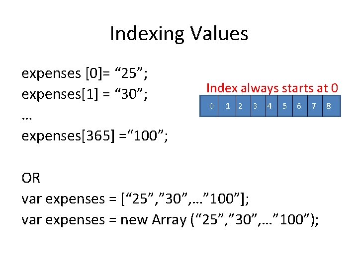 Indexing Values expenses [0]= “ 25”; expenses[1] = “ 30”; … expenses[365] =“ 100”;