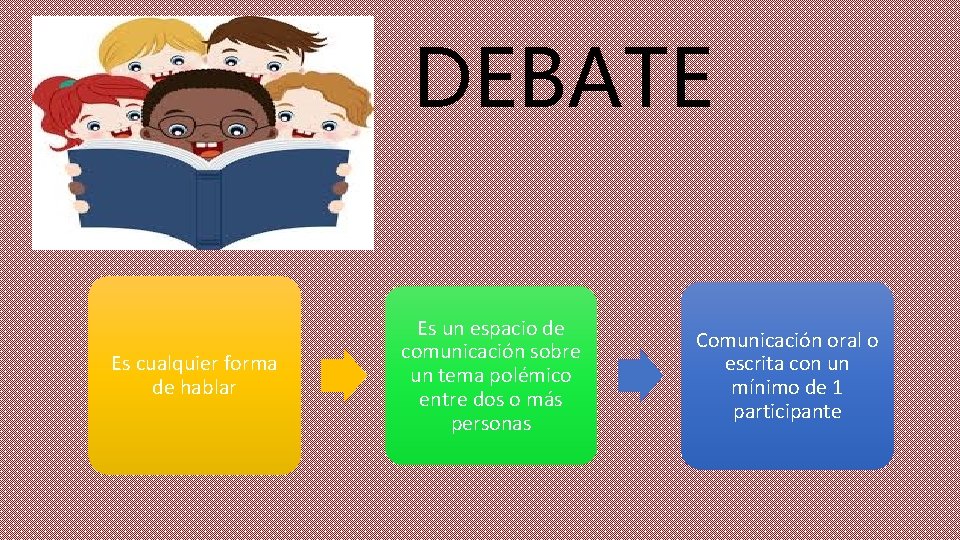 DEBATE Es cualquier forma de hablar Es un espacio de comunicación sobre un tema