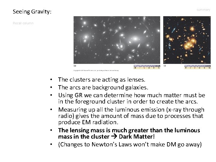 Seeing Gravity: summary Recall column • The clusters are acting as lenses. • The