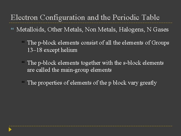 Electron Configuration and the Periodic Table Metalloids, Other Metals, Non Metals, Halogens, N Gases