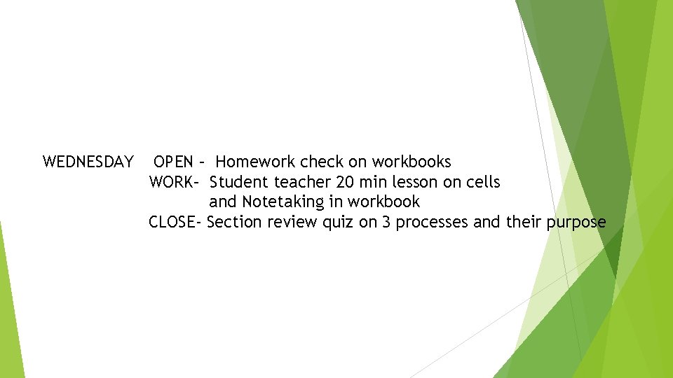 WEDNESDAY OPEN – Homework check on workbooks WORK– Student teacher 20 min lesson on