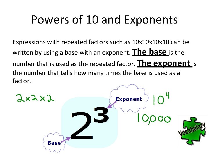 Powers of 10 and Exponents Expressions with repeated factors such as 10 x 10