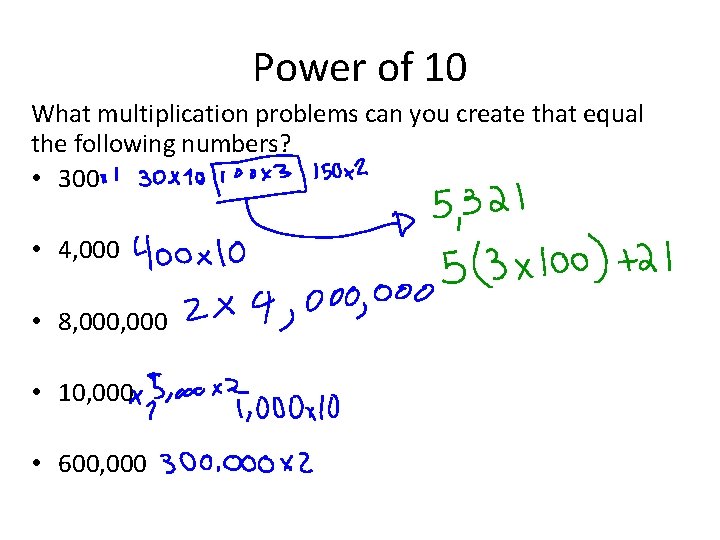 Power of 10 What multiplication problems can you create that equal the following numbers?