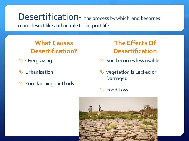 Desertification- the process by which land becomes more desert like and unable to support