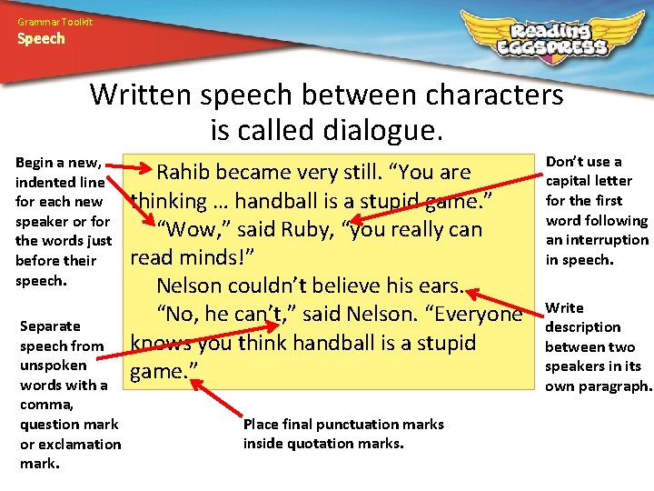 Grammar Toolkit Speech Written speech between characters is called dialogue. Begin a new, indented