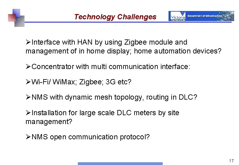 Technology Challenges ØInterface with HAN by using Zigbee module and management of in home