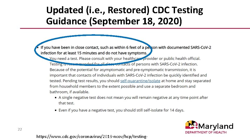 Updated (i. e. , Restored) CDC Testing Guidance (September 18, 2020) 22 https: //www.