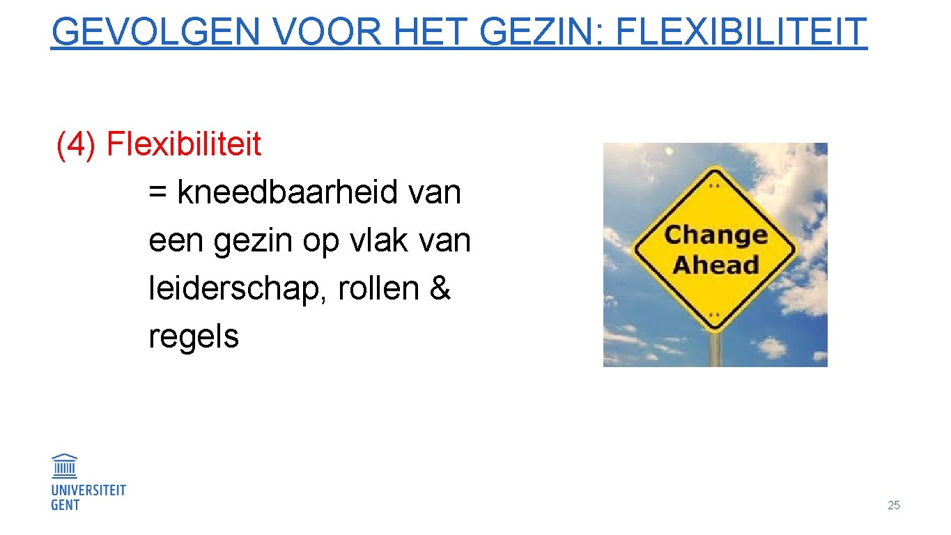 GEVOLGEN VOOR HET GEZIN: FLEXIBILITEIT (4) Flexibiliteit = kneedbaarheid van een gezin op vlak