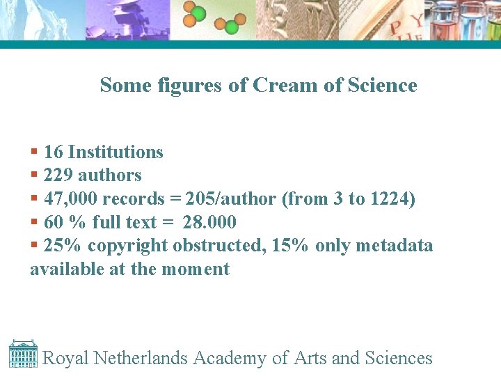 Some figures of Cream of Science § 16 Institutions § 229 authors § 47,