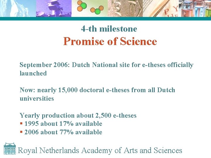 4 -th milestone Promise of Science September 2006: Dutch National site for e-theses officially