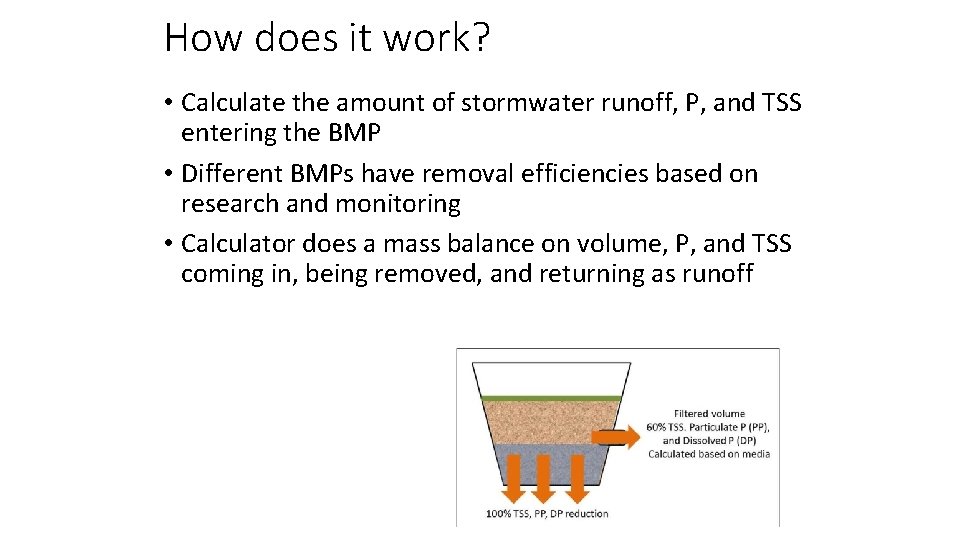 How does it work? • Calculate the amount of stormwater runoff, P, and TSS
