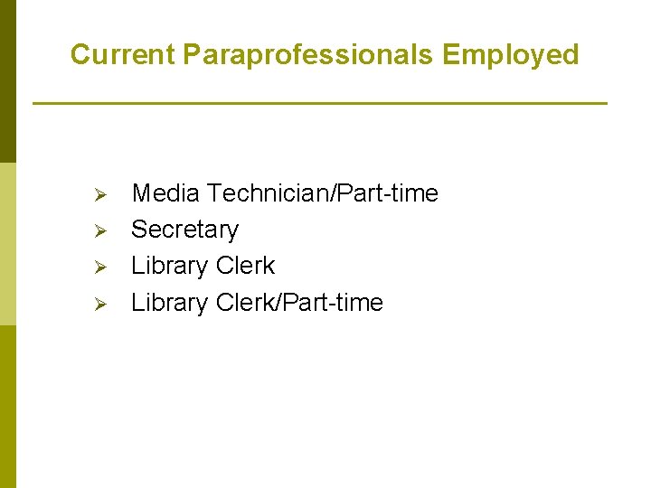 Current Paraprofessionals Employed Ø Ø Media Technician/Part-time Secretary Library Clerk/Part-time 