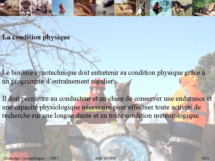 La condition physique Le binôme cynotechnique doit entretenir sa condition physique grâce à un