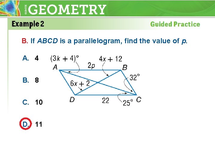 B. If ABCD is a parallelogram, find the value of p. A. 4 B.