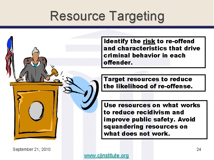 Resource Targeting Identify the risk to re-offend and characteristics that drive criminal behavior in