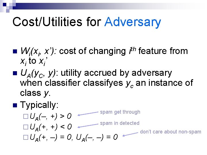 Cost/Utilities for Adversary Wi(xi, x’): cost of changing ith feature from xi to xi’