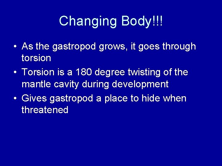 Changing Body!!! • As the gastropod grows, it goes through torsion • Torsion is