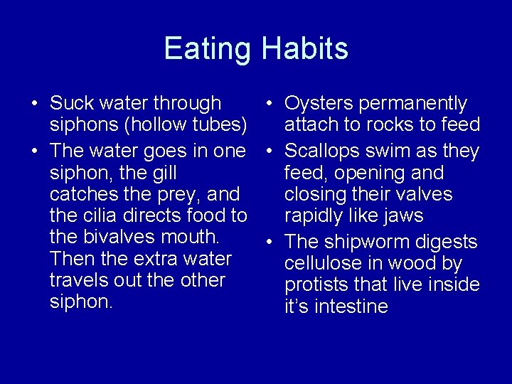 Eating Habits • Suck water through • Oysters permanently siphons (hollow tubes) attach to