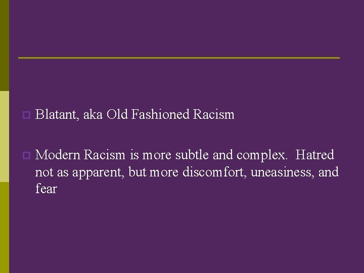 p Blatant, aka Old Fashioned Racism p Modern Racism is more subtle and complex.