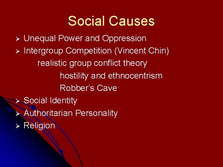 Social Causes Ø Ø Ø Unequal Power and Oppression Intergroup Competition (Vincent Chin) realistic